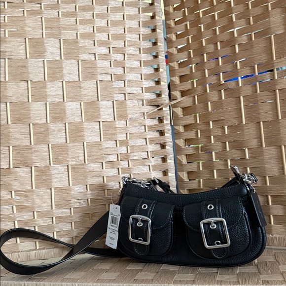 Black Leather Shoulder Bag with Silver Buckles - Picture 2 of 2